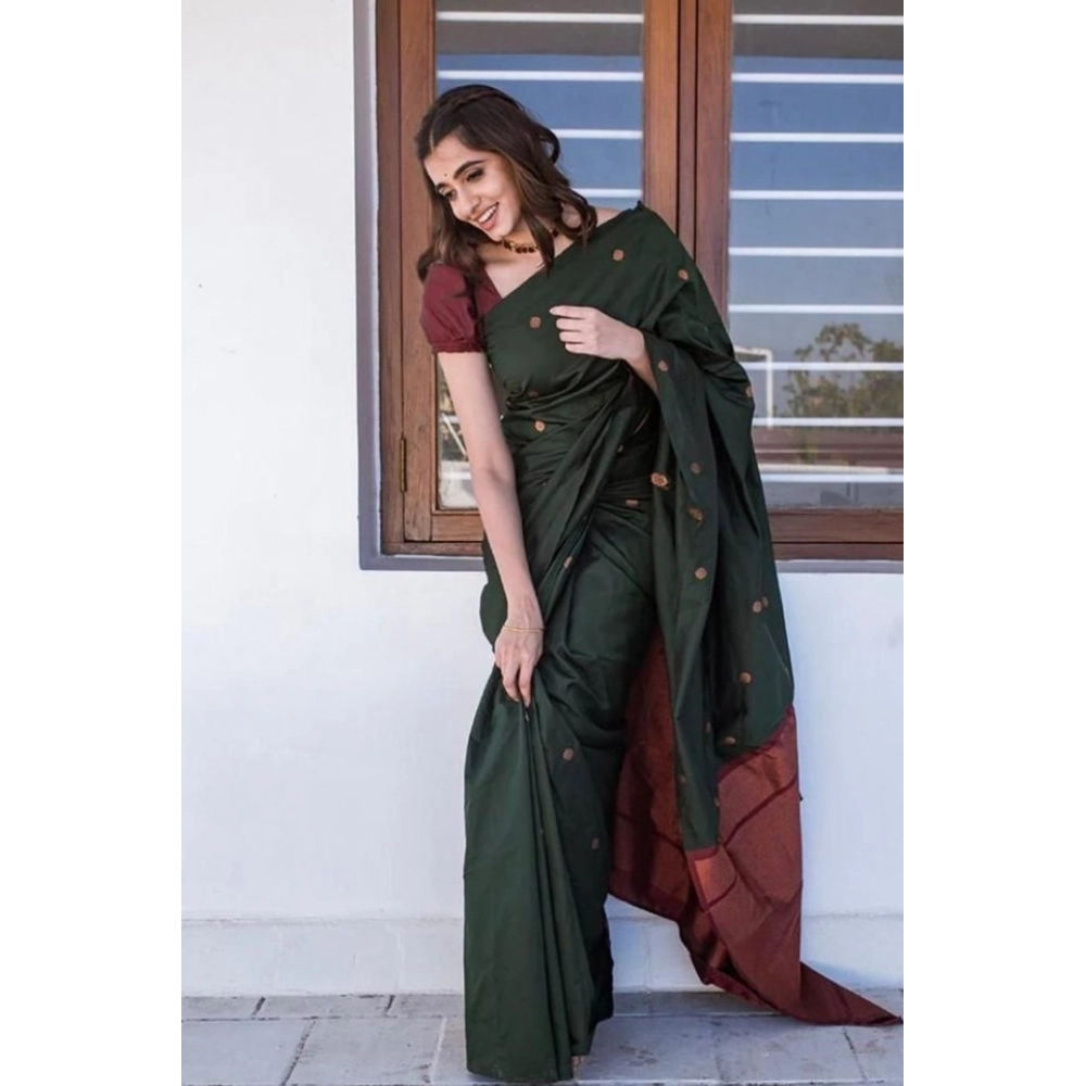 Women's Litchi Silk Printed Saree with Blouse – Dark Green