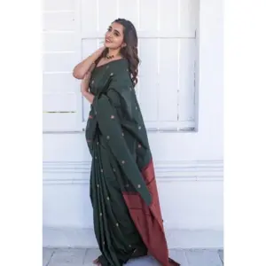 Women's Litchi Silk Printed Saree with Blouse – Dark Green