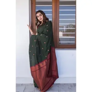 Women's Litchi Silk Printed Saree with Blouse – Dark Green