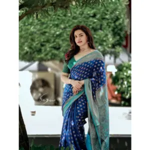 Women's Litchi Silk Printed Saree with Blouse – Navy Blue