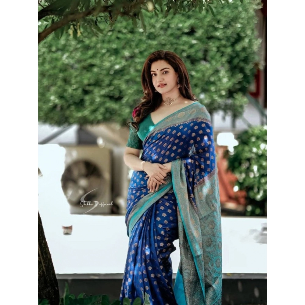 Women's Litchi Silk Printed Saree with Blouse – Navy Blue