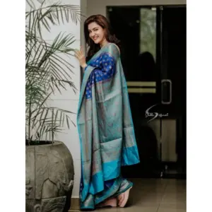 Women's Litchi Silk Printed Saree with Blouse – Navy Blue