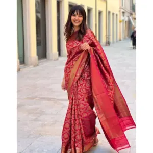 Women's Litchi Silk Printed Saree with Blouse – Red