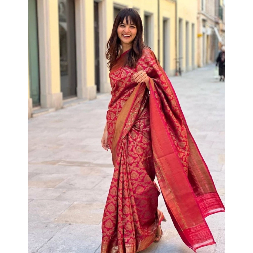 Women's Litchi Silk Printed Saree with Blouse – Red