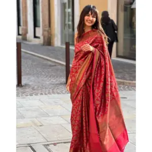 Women's Litchi Silk Printed Saree with Blouse – Red