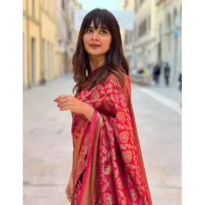 Women's Litchi Silk Printed Saree with Blouse – Red
