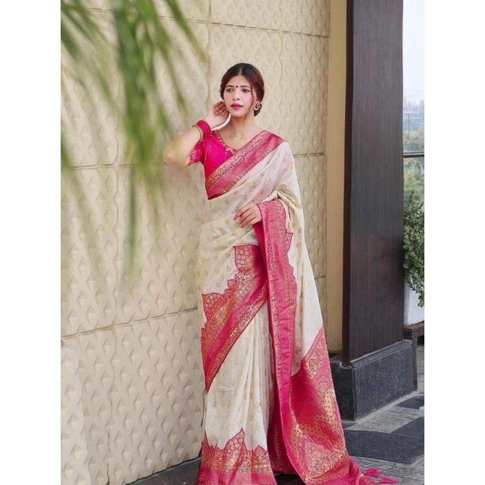 Women's Litchi Silk Printed Saree with Blouse – Half White