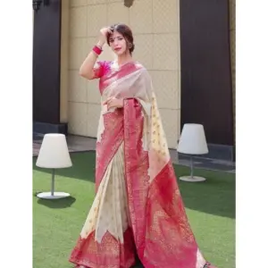 Women's Litchi Silk Printed Saree with Blouse – Half White