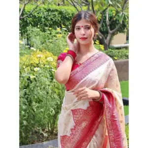Women's Litchi Silk Printed Saree with Blouse – Half White