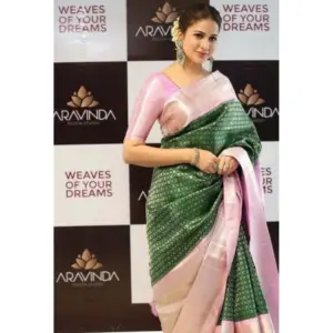 Women's Litchi Silk Printed Saree with Blouse – Green