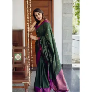 Women's Litchi Silk Printed Saree with Blouse – Dark Green