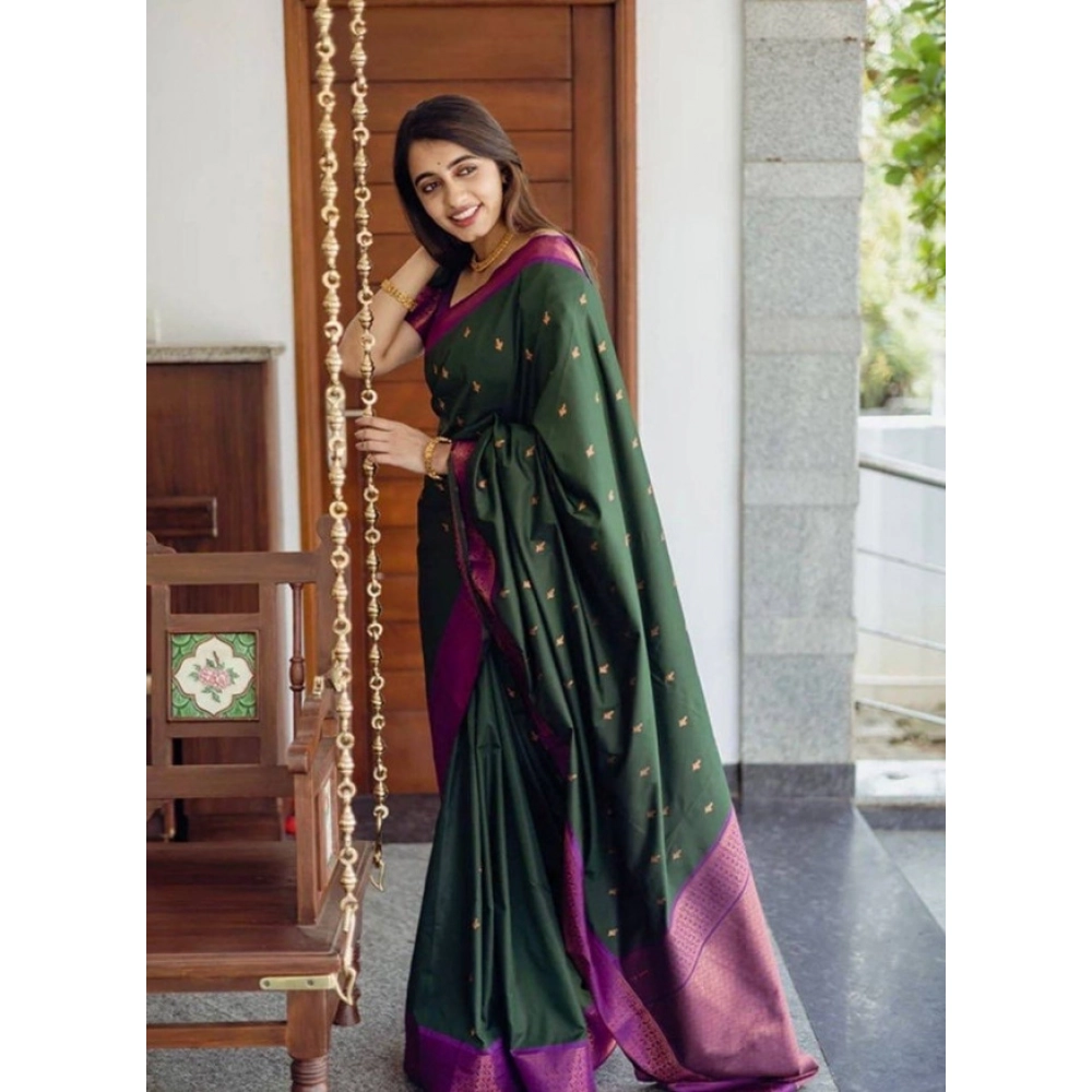 Women's Litchi Silk Printed Saree with Blouse – Dark Green