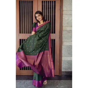 Women's Litchi Silk Printed Saree with Blouse – Dark Green