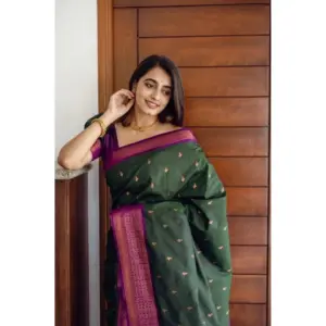 Women's Litchi Silk Printed Saree with Blouse – Dark Green