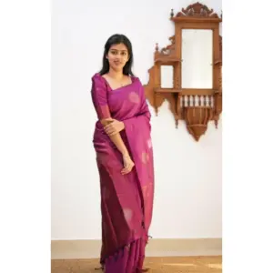 Women's Litchi Silk Printed Saree with Blouse – Dark Pink