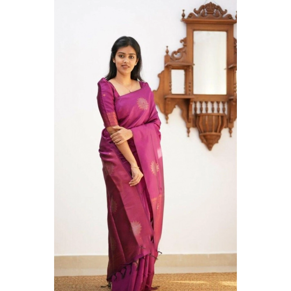 Women's Litchi Silk Printed Saree with Blouse – Dark Pink