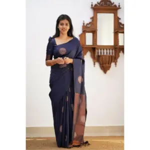 Women's Litchi Silk Printed Saree with Blouse – Dark Blue