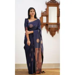 Women's Litchi Silk Printed Saree with Blouse – Dark Blue