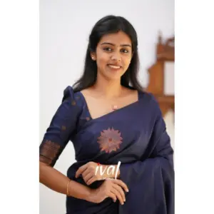 Women's Litchi Silk Printed Saree with Blouse – Dark Blue