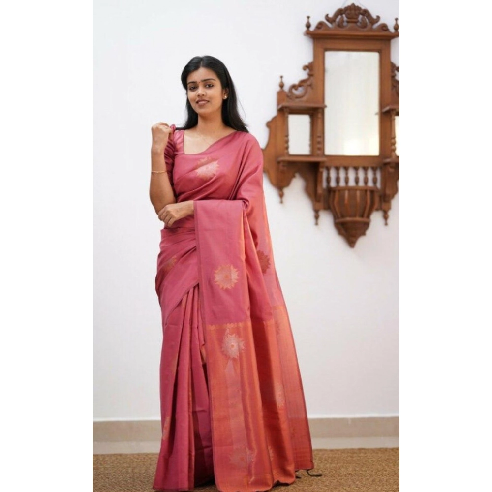 Women's Litchi Silk Printed Saree with Blouse – Peach