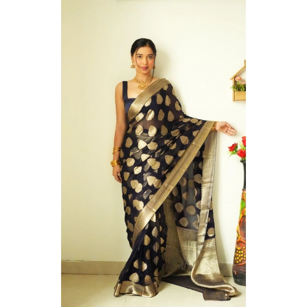 Women's Litchi Silk Printed Saree with Blouse – Black