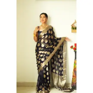 Women's Litchi Silk Printed Saree with Blouse – Black