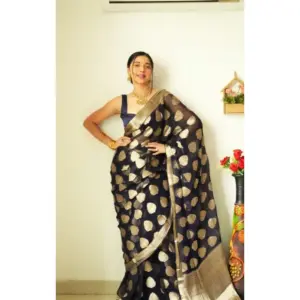 Women's Litchi Silk Printed Saree with Blouse – Black