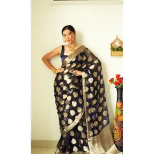 Women's Litchi Silk Printed Saree with Blouse – Black