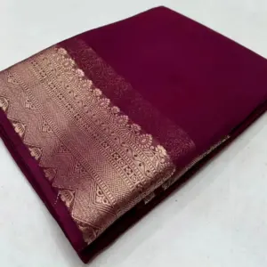 Women's Crepe Chit Pallu Solid Saree with Blouse – Purple