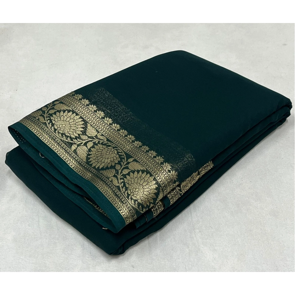 Women's Crepe Chit Pallu Solid Saree with Blouse – Green