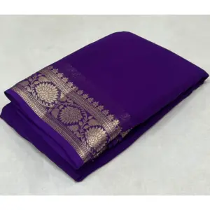 Women's Crepe Chit Pallu Solid Saree with Blouse – Dark Purple