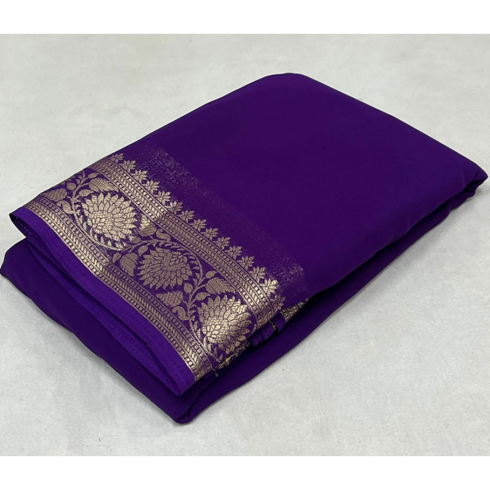Women's Crepe Chit Pallu Solid Saree with Blouse – Dark Purple