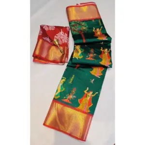 Women's Digital Dolla Silk Printed Saree with Blouse – Green