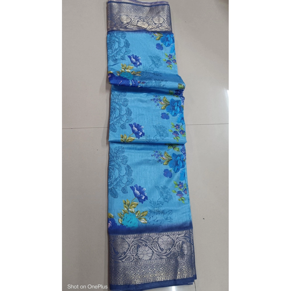 Women's Digital Dolla Silk Printed Saree with Blouse – Sky Blue