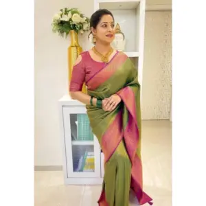 Women's Soft Lichi Silk Printed Saree with Blouse – Mehndi Green