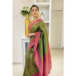 Women's Soft Lichi Silk Printed Saree with Blouse – Mehndi Green