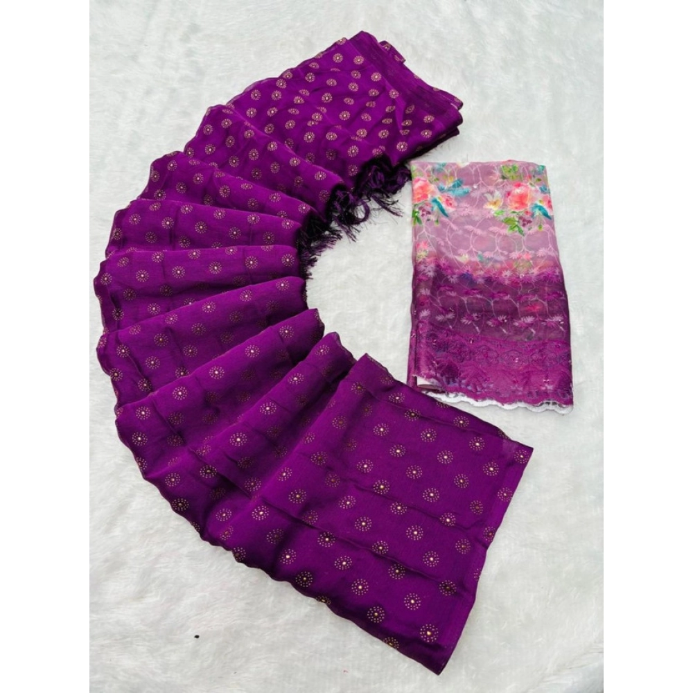 Women's Brasso Printed Saree with Blouse – Magenta