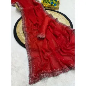 Women's Georgette Stone Work Saree with Blouse – Red