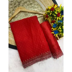 Women's Georgette Stone Work Saree with Blouse – Red