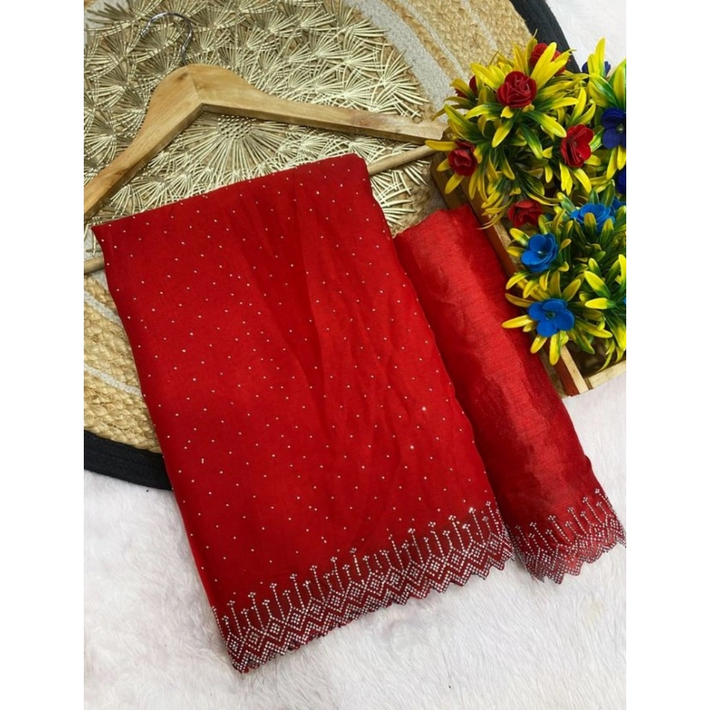Women's Georgette Stone Work Saree with Blouse – Red
