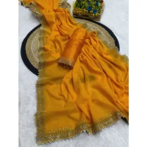 Women's Georgette Stone Work Saree with Blouse – Yellow