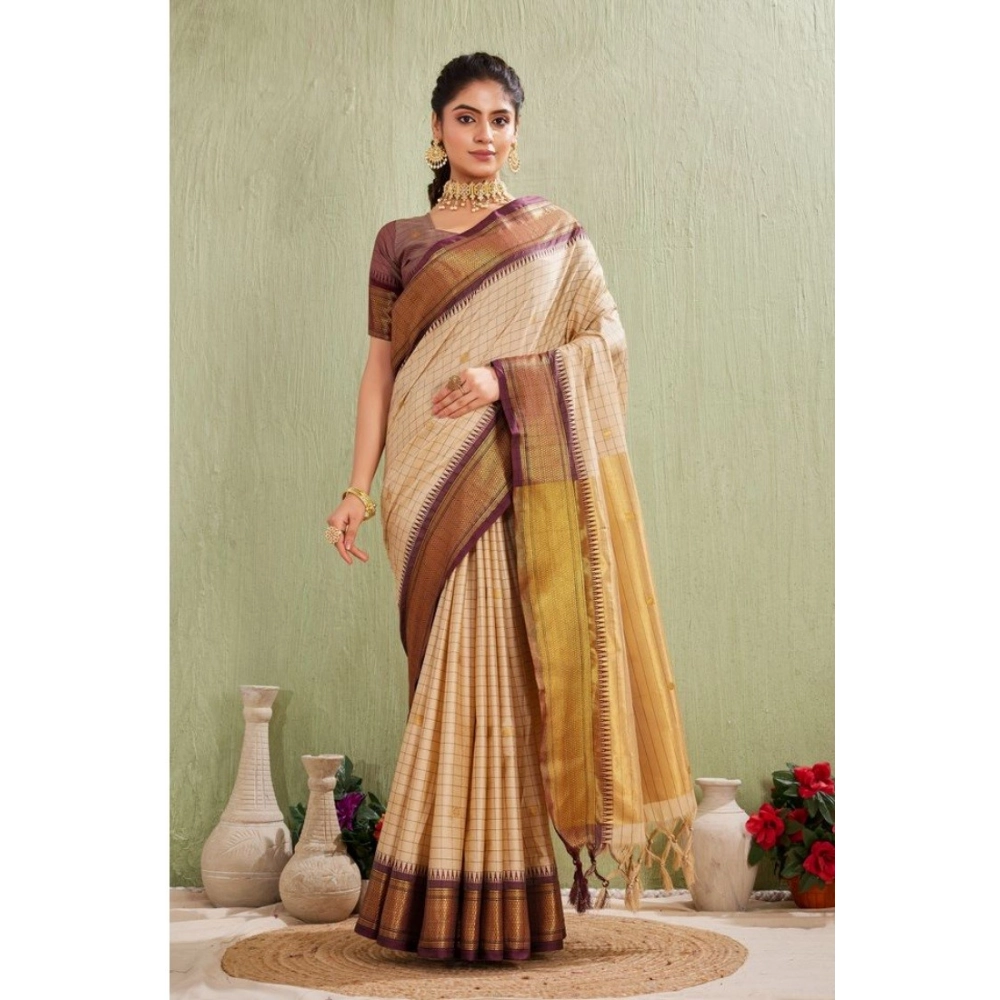 Women's Cotton Blended Jaquard Woven Saree with Blouse – Beige