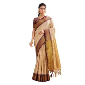 Women's Cotton Blended Jaquard Woven Saree with Blouse – Beige