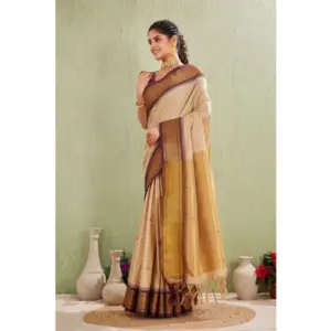 Women's Cotton Blended Jaquard Woven Saree with Blouse – Beige