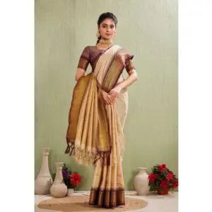 Women's Cotton Blended Jaquard Woven Saree with Blouse – Beige