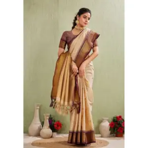 Women's Cotton Blended Jaquard Woven Saree with Blouse – Beige
