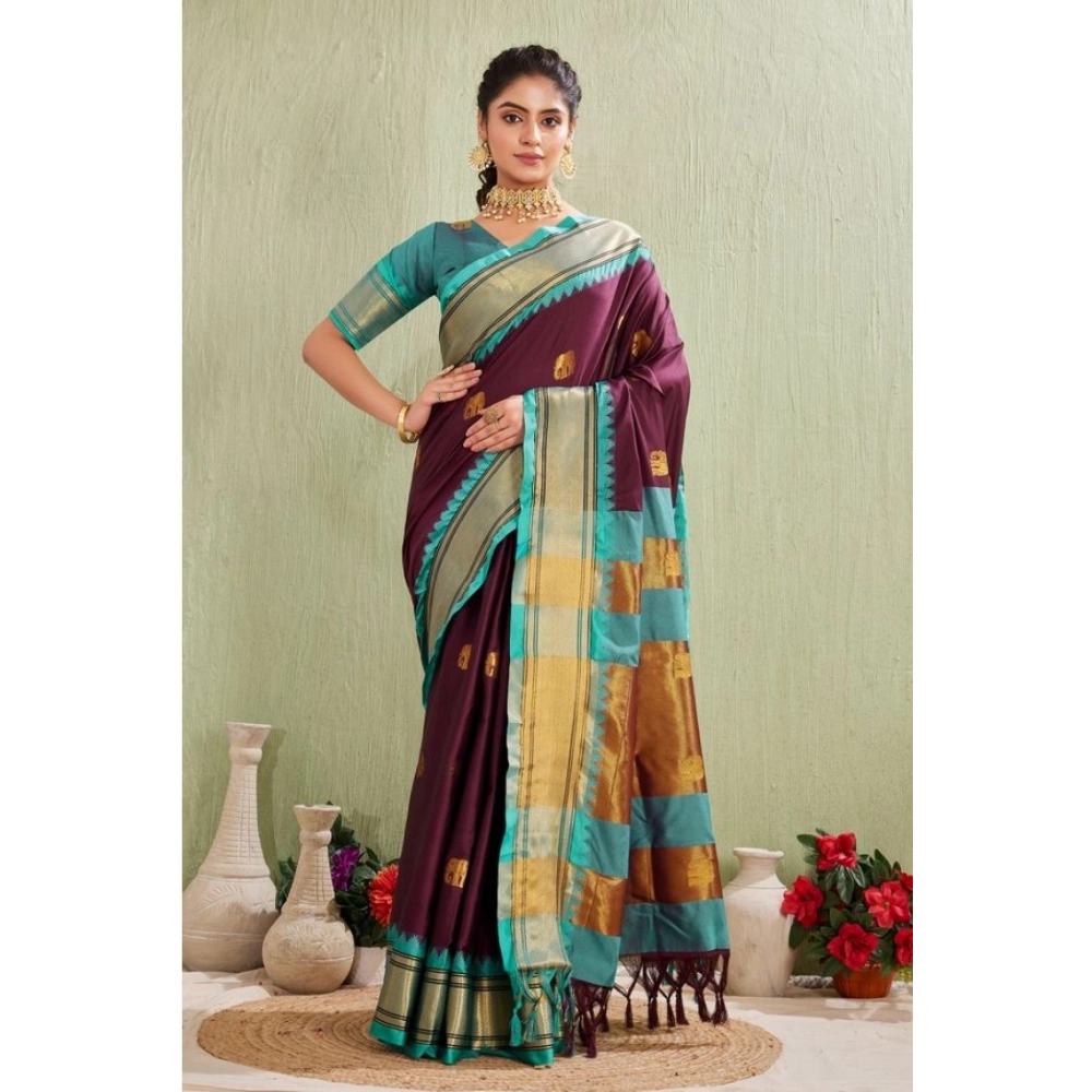 Women's Cotton Blended Jaquard Woven Saree with Blouse – Purple