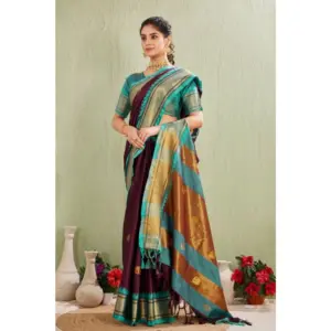Women's Cotton Blended Jaquard Woven Saree with Blouse – Purple