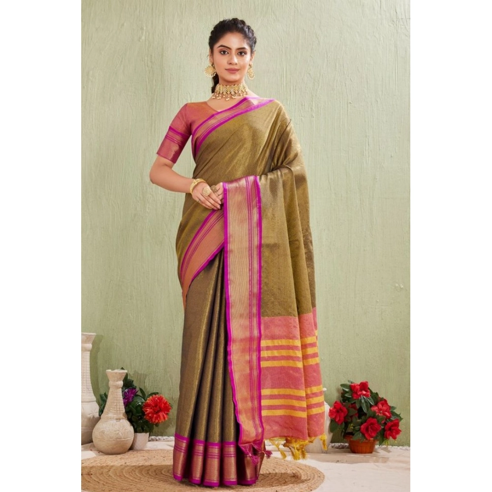 Women's Cotton Blended Jaquard Woven Saree with Blouse – Green