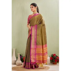 Women's Cotton Blended Jaquard Woven Saree with Blouse – Green